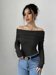Women's Elegant Off Shoulder Ruffle Long Sleeve Solid Color Blouse - Negro - Ver 5