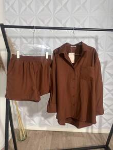 WOMEN'S SHIRT AND SHORTS SET SP013 - Brown - View 2