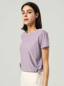 GOSOUER 女士提花圆领宽松可调节抽绳运动健身上衣速干瑜伽上衣T恤