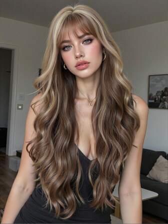 26 英寸红棕铜姜色长卷发假发，适合女士，华丽蓬松假发，带刘海，合成假发，适合派对日常使用