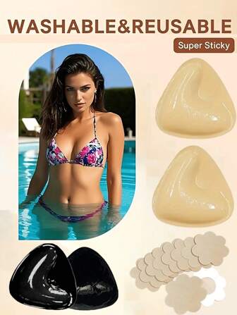 2pcs Double-Sided Adhesive Bra, 10pcs Breast Patch Insertion, Reusable, Pull-Up Lifting Self-Adhesive Bra Pad, Suitable For Bikini Swimwear, Sportswear, Strapless Bras