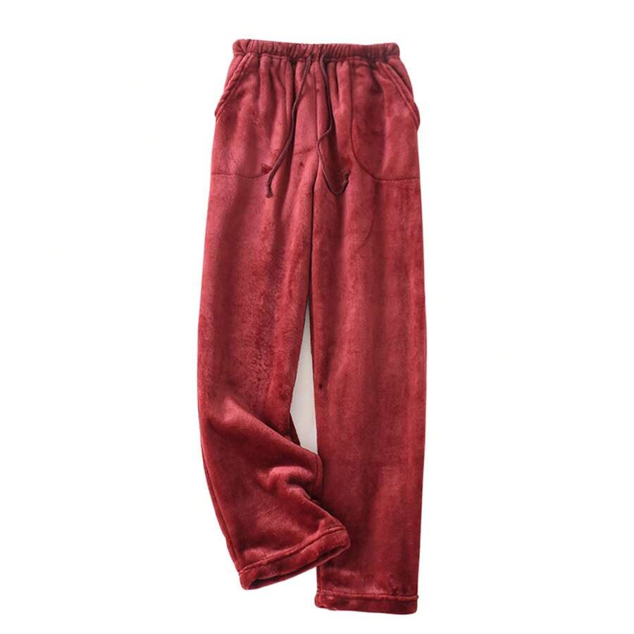 Women Winter Pyjama Trousers, Adults Casual Solid Color / Polka Dot Pants With Side Pockets Drawstring - Burgundy - View 1