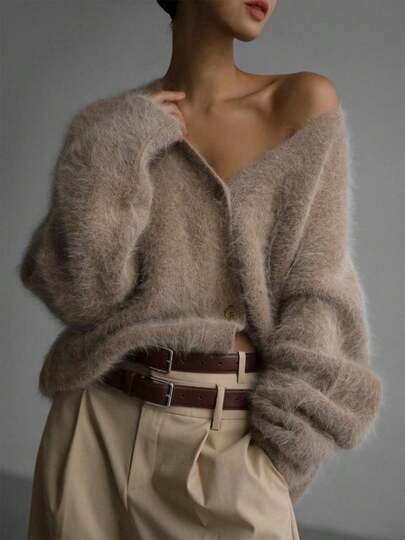 2025 Nouveau élégant femmes Couleur unie décontracté Cachemire à simple boutonnage Tricot Cardigan Veste