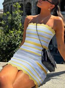Apperloth A Abito midi Apperloth Boho, senza spalline, attillato, sexy, con aperture, in colore giallo e bianco, in tessuto jacquard a onde con pizzo