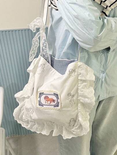 新款时尚休闲甜美田园风大容量女士单肩包，精致荷叶边蕾丝边小碎花设计，柔软面料手提包适合上学、度假、购物