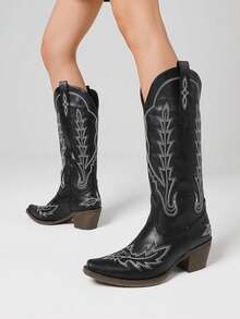 Women's Vintage Classic Western Knee High Cowboy Boots Fashion Embroider Block Chunky Heel Pull On Pointed Toe Retro Cowgirl Boots - 黑色 - 查看 2