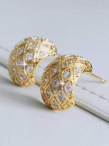 jealous young 1pair Glamorous Golden Micro-Inlaid Zirconia Rhombus Geometric Stud Earrings,Suitable For Daily Commute Wear - Yellow Gold - View 4