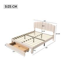 Anajqaqia 140 X 200 Cm Double Bed, Equipped With A Drawer, With Storage Compartment, Bed Frame With Striped Headboard, Without Mattress, Velvet (Beige)