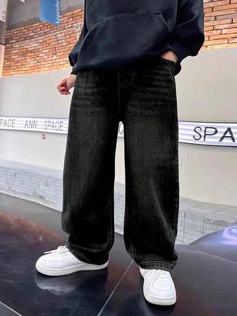 Tween Boy Pocket Loose Wide Leg Casual Black Denim Jeans