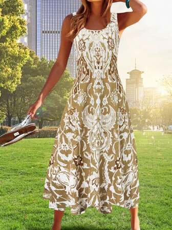 全新时尚百搭花卉印花轻盈优雅修身女式夏季连衣裙，适合休闲、度假、办公、旅行