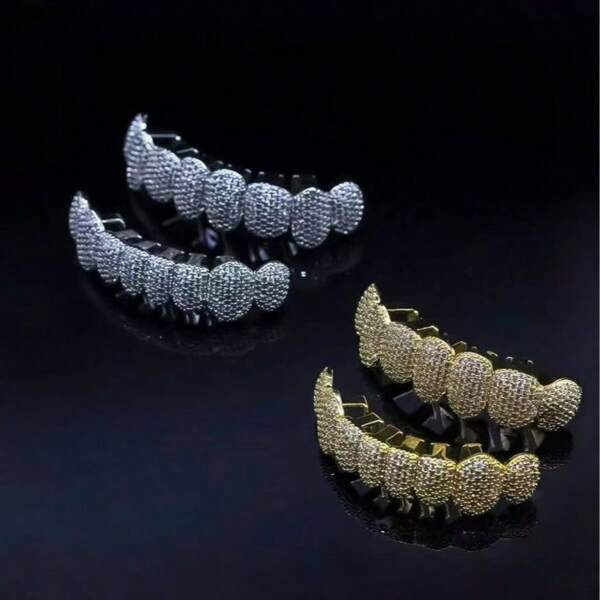 2PCS/Set Fashionable Sparkling Fully Diamond Copper Inlaid Artificial Gem Teeth Grillz, Suitable For Casual Wear By Men & Women