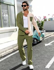 Mens 2 Piece Color Block Outfits Casual Long Sleeve Color Block Shirts And Pants Matching Set Sweatsuit-2025 - 綠色 - 查看 9