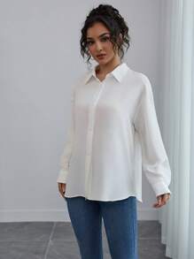 Damen einfarbige elegante Bluse mit Einzelknopfleiste und Langarm Kragen, modischer Lässig-Top für Frühling & Herbst
