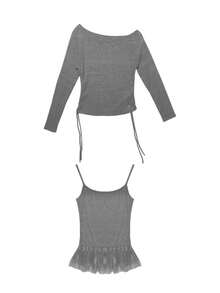 女士蕾丝拼接露肩长袖T恤，独特修身抽绳上衣，夏季