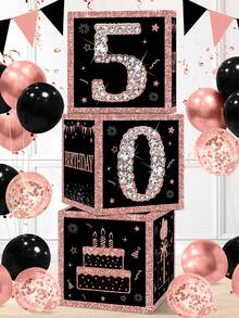 3Pcs Black Pink Birthday Paper Box,Happy 16th/21th/30th/40th/60th/50th Birthday Box,Glitter Elegant Square Paper Boxes,16th/21th/30th/40th/60th/50th Birthday Party Decor,16/21/30/40/60/50 Years Birthday Celebration Supplies - Pink Black - View 3