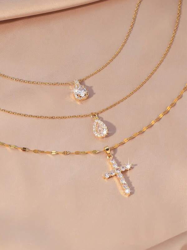 3 pezzi Set di collane eleganti con pendenti a forma di croce, goccia d acqua e geometrici in zirconia, gioielli di stile adatti come regalo per le donne, adatti per outfit quotidiani e accessori per feste