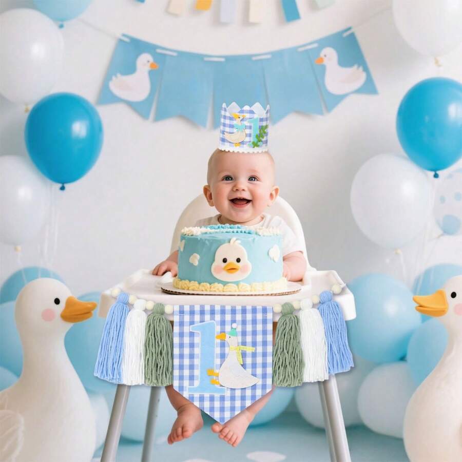 Goose 1st Birthday High Chair Banner, Goose 1st Birthday Crown, Silly Goose Decoration, Garden Party Photo Props, Goose Prince Blue Tassel Floral Wreath, Goose Smash Cake High Chair Wreath