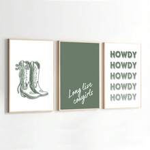 Set di 3 stampe su tela con stivali da cowgirl verdi senza cornice, opera d'arte da parete in stile preppy, decorazione minimal per la camera da ragazza, pittura funky per appartamento, soggiorno, camera da letto, decorazione domestica moderna