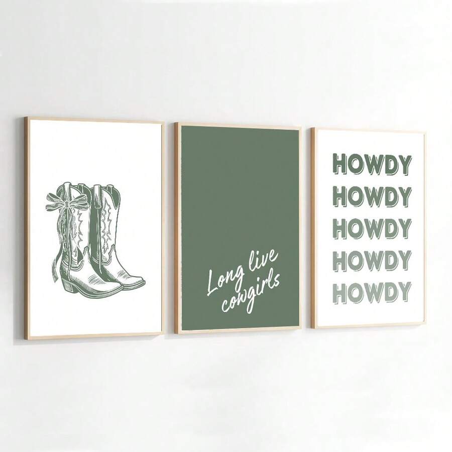 Set di 3 stampe su tela con stivali da cowgirl verdi senza cornice, opera d'arte da parete in stile preppy, decorazione minimal per la camera da ragazza, pittura funky per appartamento, soggiorno, camera da letto, decorazione domestica moderna