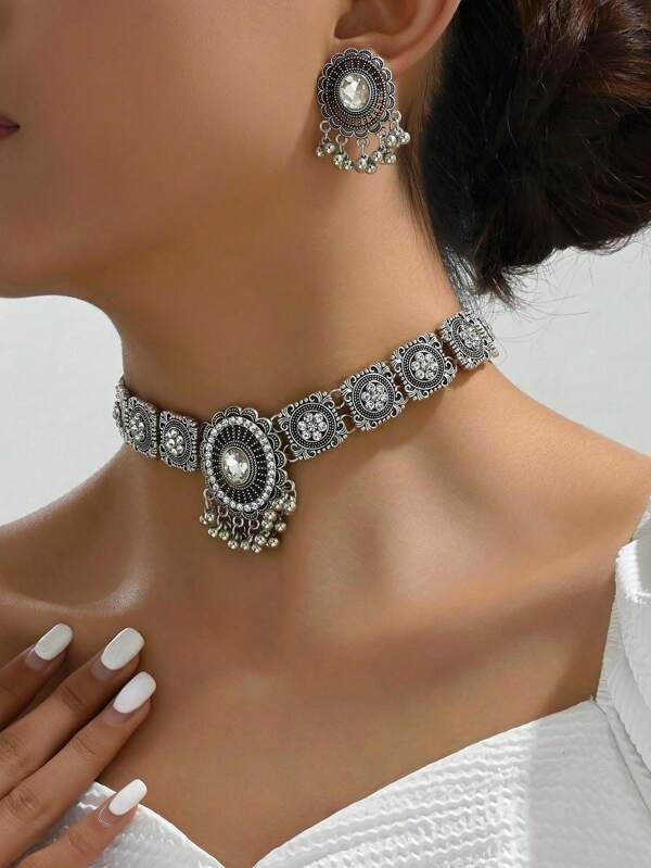 1pc Vintage Middle East Style Minimalist Beaded Necklace & 1 Pair Retro Beaded Earrings, Suitable For Women Casual Wear