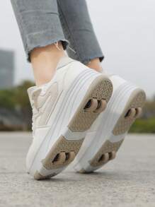 Patines de ruedas para mujer con empalme de color contrastante, zapatos de patinaje de pareja convertibles, desmontables y retráctiles, adecuados para adolescentes y adultos, de cuero de PU con 4 ruedas