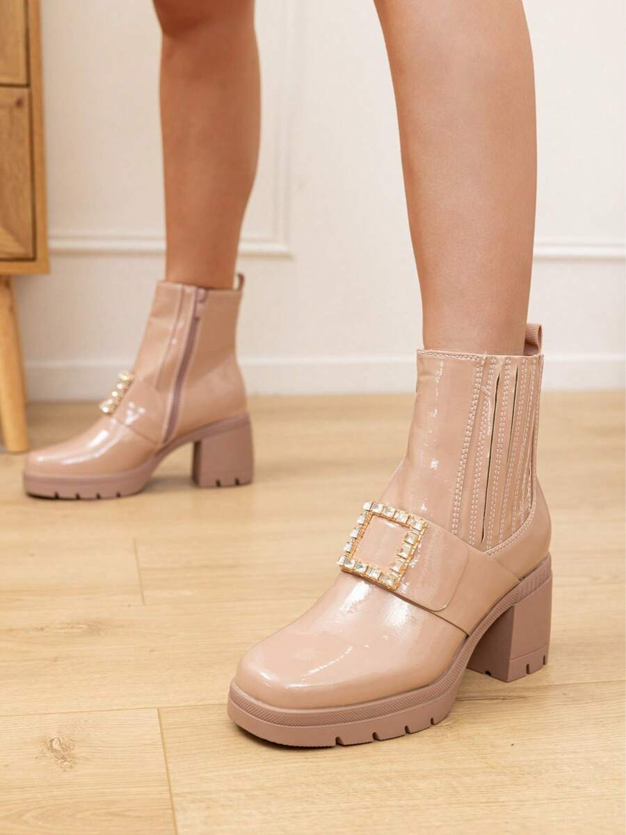 女式闪亮水钻装饰厚底粗跟踝靴，时尚