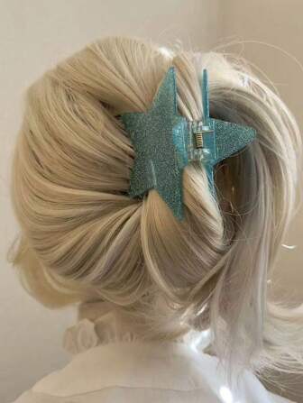 Hair Clips 1pc Blue Acrylic Five-Pointed Star Hair Claw, Y2K Style, Fashionable & Multifunctional, Elegant & Stylish, Minimalist Design, Solid Color, Suitable For Everyday Wear Hair Accessories Elegant Claw Clips, School Stuff, College Autumn Accessories Fall Winter For Vacation Outfits Woman