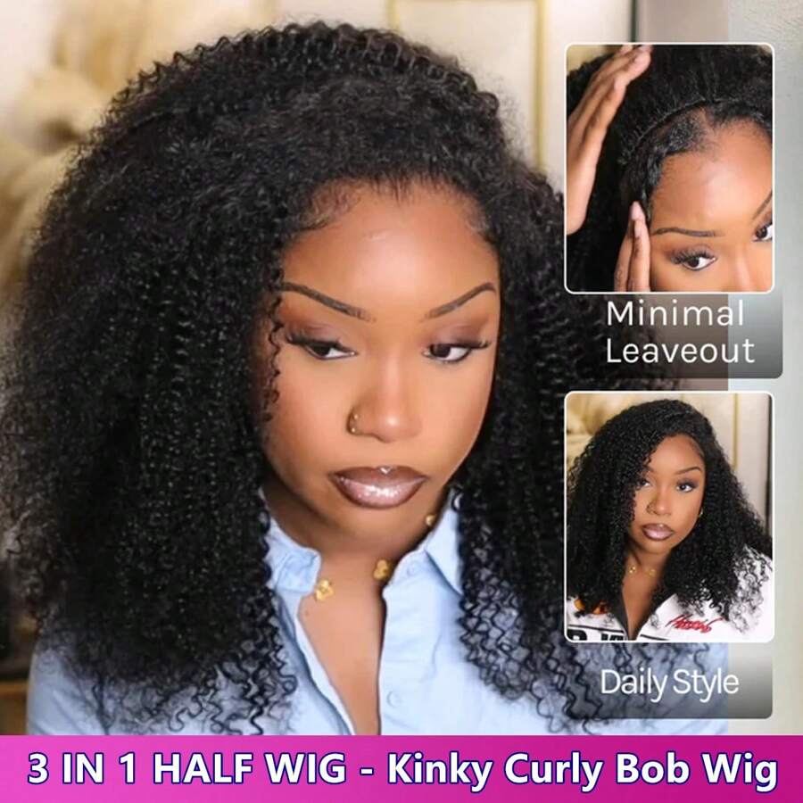 Kinky Curly Half Wig Human Hair 200% Density Wear Go Glueless Bob Wigs Human Hair Curly 3 In 1 Half Wigs For Women Drawstring Seamless Flip Headband Wig Beginner Friendly - Natural Black - View 1
