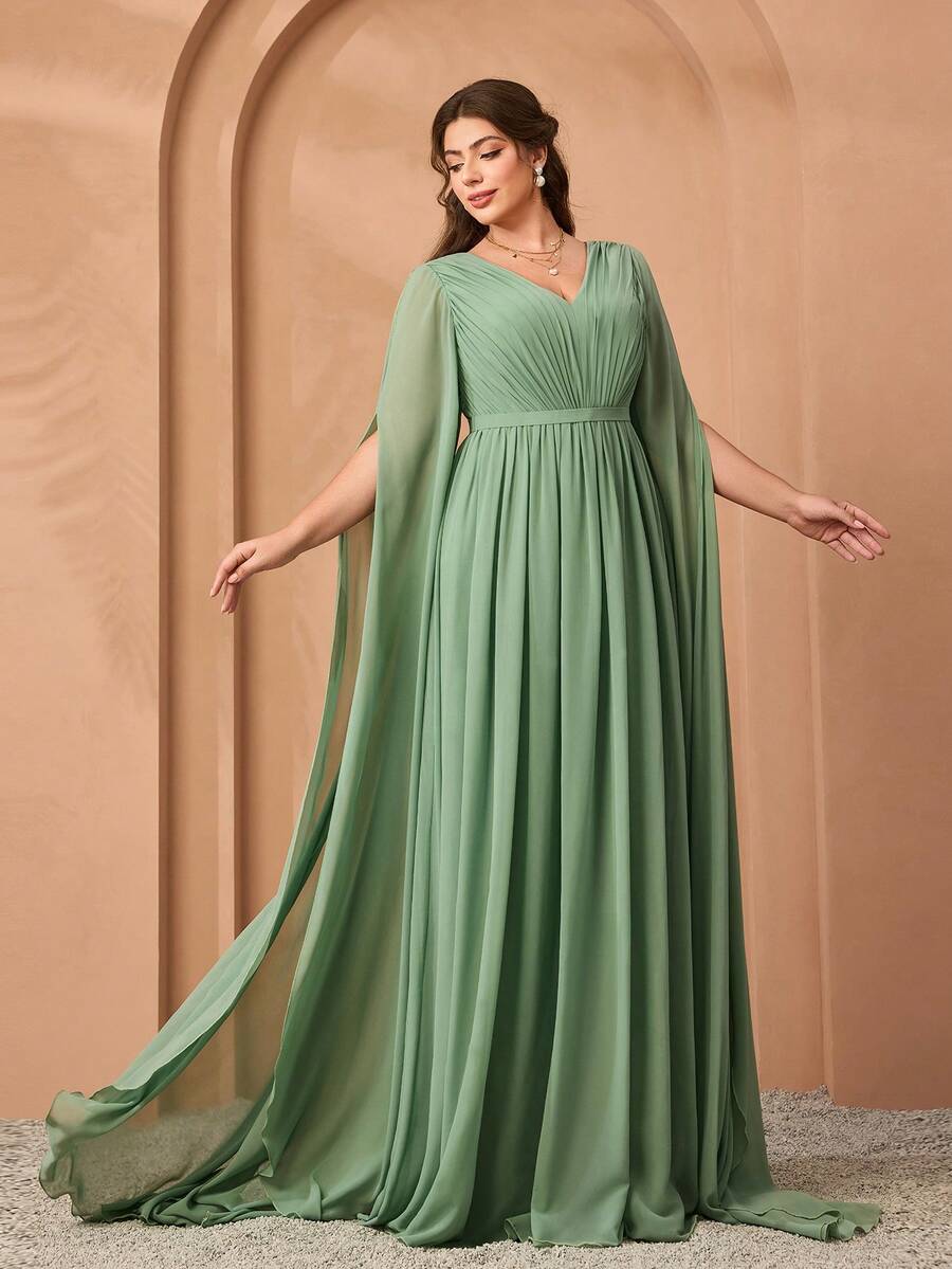 MgiacyV Elegant Folded Skirt With Flowing Sleeves Of Silk With A Large Hem In Green Dress