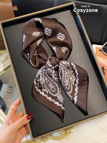 1 pieza Pañuelo pequeño de estampado de cachemira de seda sintética, accesorio para hombre para el cuello/cabeza, protección solar, pañuelo versátil