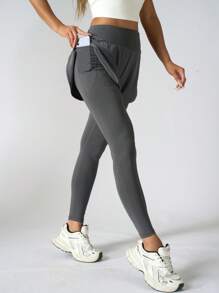 1pc 2 In 1 Style Elastic Long Sport Pants With Dual Side Pockets For Women, Running Fitness
