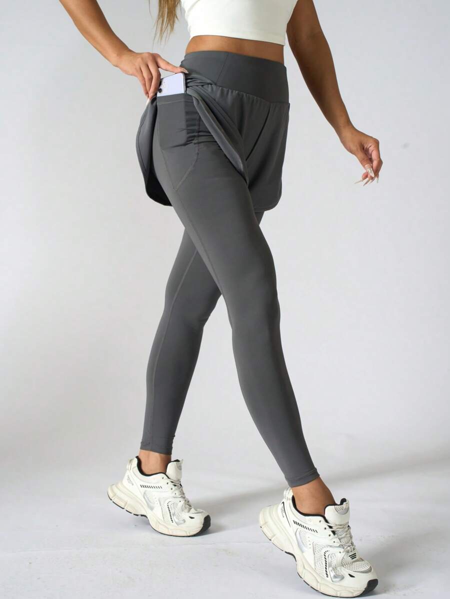 1pc 2 In 1 Style Elastic Long Sport Pants With Dual Side Pockets For Women, Running Fitness