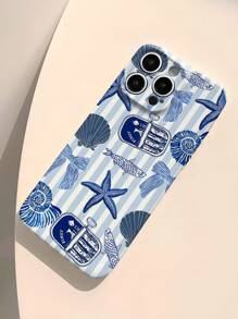 1 pieza Funda dura de teléfono con perforaciones brillantes y diseño divertido de pez a rayas, estrella de mar, concha, moño y eslogan de lata de pez, compatible con iPhone 11/12/13/14/15/16 Pro Max