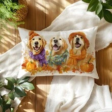 1 件秋季水彩南瓜与金毛猎犬装饰枕套，柔软桃色天鹅绒材质，30*50 厘米单面印花，乡村风格家居客厅卧室装饰靠垫套