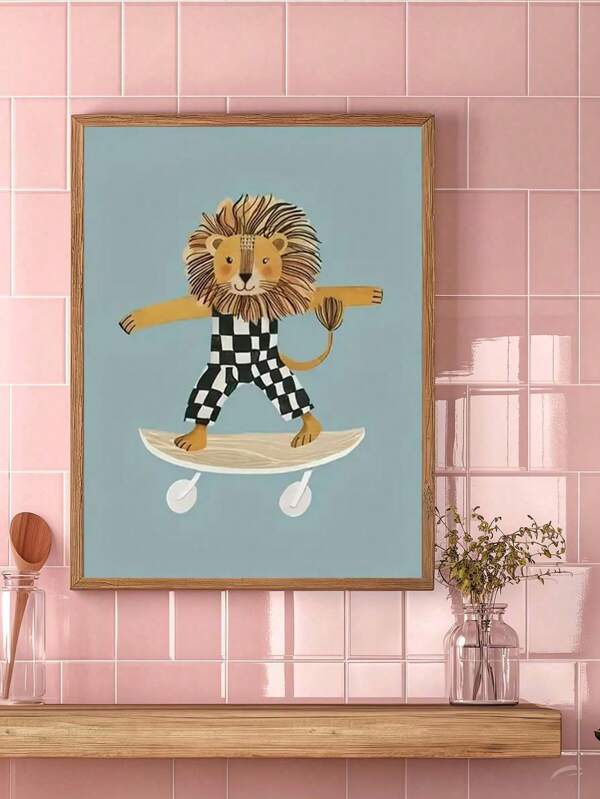 1 pieza Póster de arte de pared de lienzo con diseño de león lindo en monopatín sin marco - Decoración moderna minimalista para sala de estar, dormitorio, oficina, guardería - Diseño geométrico vibrante, regalo perfecto para decoración del hogar, decoración de pared, arte de pared