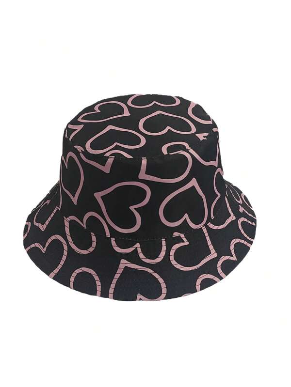 1pc Sweet Heart Print Reversible Bucket Hat, Women Fashion Versatile Sun Hat For Daily Wear And Valentine's Day