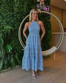 VESTIDO FEMININO FRENTE UNICA MID LESIE DELICADO CASAMENTO - Azul bebê - Visão 4