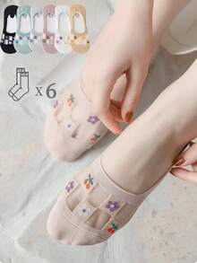 5雙女式純色隱形船襪,卡通貓圖案,防滑、透氣、薄款、百搭