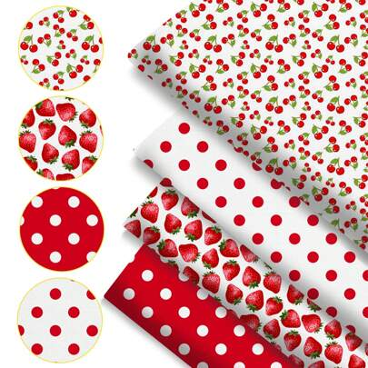 4pcs/Set 7.87x7.87inch(20x20cm) Cherry Dot Series Precut Quilting Fabric Fat Quarter Fabric Bundle, Polyester Quilting Squares For Patchwork, DIY Crafts Projects, DIY Wallet Making
