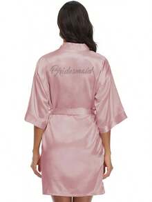 Women's Kimono Bride Bridesmaid Robes With Rhinestones Short Satin Bathrobes Wedding Party Getting Ready Day - 橡膠粉紅 - 查看 2