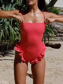 Women Monokini Bathing Suit Spaghetti Strap Ruffles Sleeveless Swimsuits Summer Swimwear Bikini - 紅色 - 查看 1