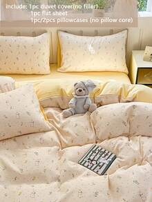 3/4pcs Bedding Set, Cartoon Rabbit Pattern Duvet Cover, Yellow Daisy Double-Sided Print Duvet Cover Set, Skin-Friendly & Breathable, Zipper Closure, Soft & Cozy Bedroom Bedding Set, Cute & Fresh Style With Black Polka Dot Print Pattern, Suitable For All Seasons (Includes 1 Duvet Cover, 1 Bed Sheet, 1 Or 2 Pillowcases, No Filler) - Rabbit Dream Blossom - View 7