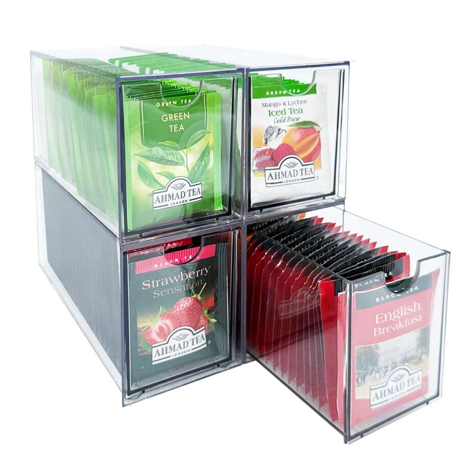 2/4 Pcs Tea Bag Drawers Organizer - 4 Clear Plastic Drawer Tea Bag Holder; Stackable & Portable; Wider Size; Well-Organized Storage For Tea Bags & Kitchen Essentials - Multifärgad - Visa 1