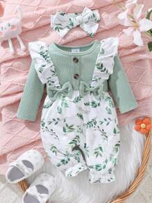 2 Stücke/Set Baby Mädchen Herbst/Winter grün Langarm Spitze Schleife Knopf Blatt Allover Muster Romper und Stirnband Set