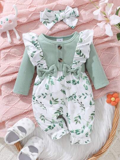 Set de 2 piezas de pelele y diadema con estampado de hojas, manga larga, encaje y lazo para bebé niña en otoño/invierno