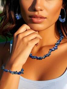 4PCS Natural Stone Color And Random Shape Broken Turquoise Necklace, Bracelet, Earrings, Retro Bohemian Style Suitable For Spring And Summer Casual Wear Mother's Day Gift Birthday Gift Crystal - Blue - View 4