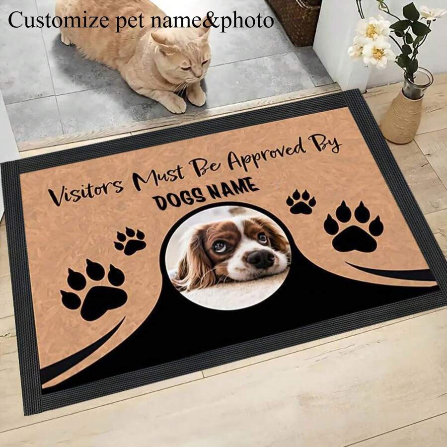 1pc 16"*24" 18"*30" Personalized Dog Photo Welcome Mat, Custom Name & Photo, Non-Slip, Indoor Use For Living Room, Bedroom, Kitchen, Bathroom - Unique Pet Lover Gift Back To School - Black - View 1