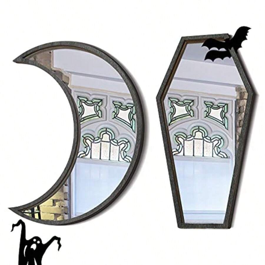 2 Pieces Tiny Coffin Moon Mirror Cute Goth Room Decor Spooky Gothic Decorative Mirror Rustic Black Wall Decor WallMounted For Halloween Indoor Decoration6 Inches - Như Pic - Xem 1