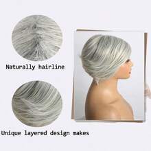 MShort Platinum Grey Pixie Cut With Curtain Bang Bob Wig For Women Synthetic Side Part Shaggy Wig With Ombre Platinum Gray Hair6001 - 1B60 - View 6