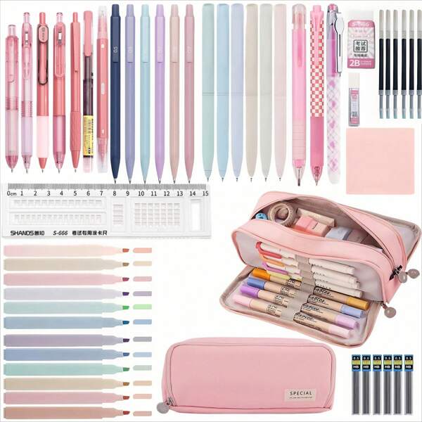 50PCS Morandi Stationery Set,Back To School,Large Capacity Pencil Case,8PCS Black Gel Pens,6PCS Morandi 0.5mm Mechanical Pencil,12PCS Color Pastel Highlighters,Sticky Note,Eraser,Ruler,Cute Office School Supplies Gifts For Women Men,School Supplies